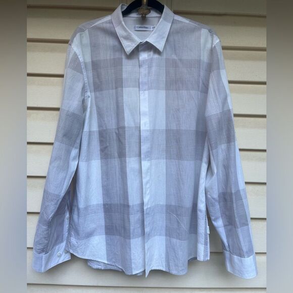 Calvin Klein white/gray squares, long-sleeved  shirt, sleeves roll up on flap,XL - Picture 1 of 7